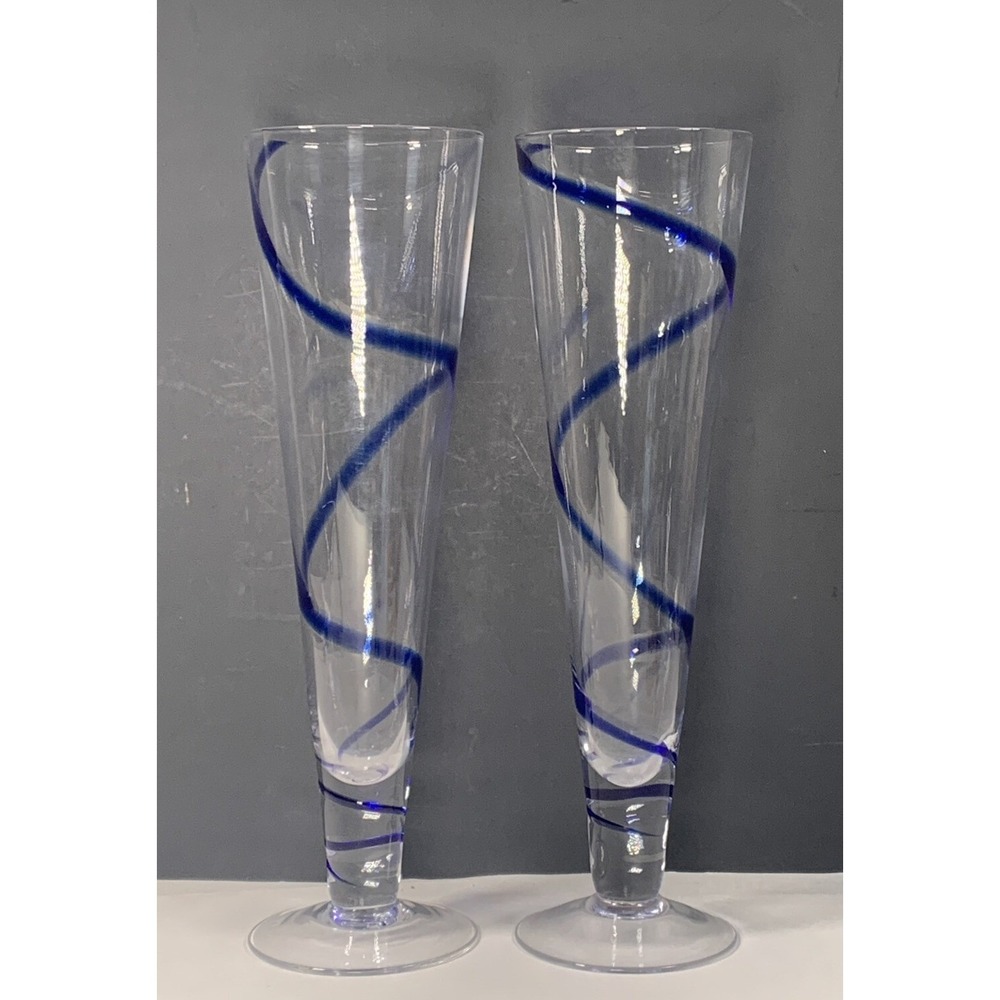 Pier 1 Clear Glass Flute Champagne Glasses Cobalt Blue Swirl Tall 1990s Set of 2